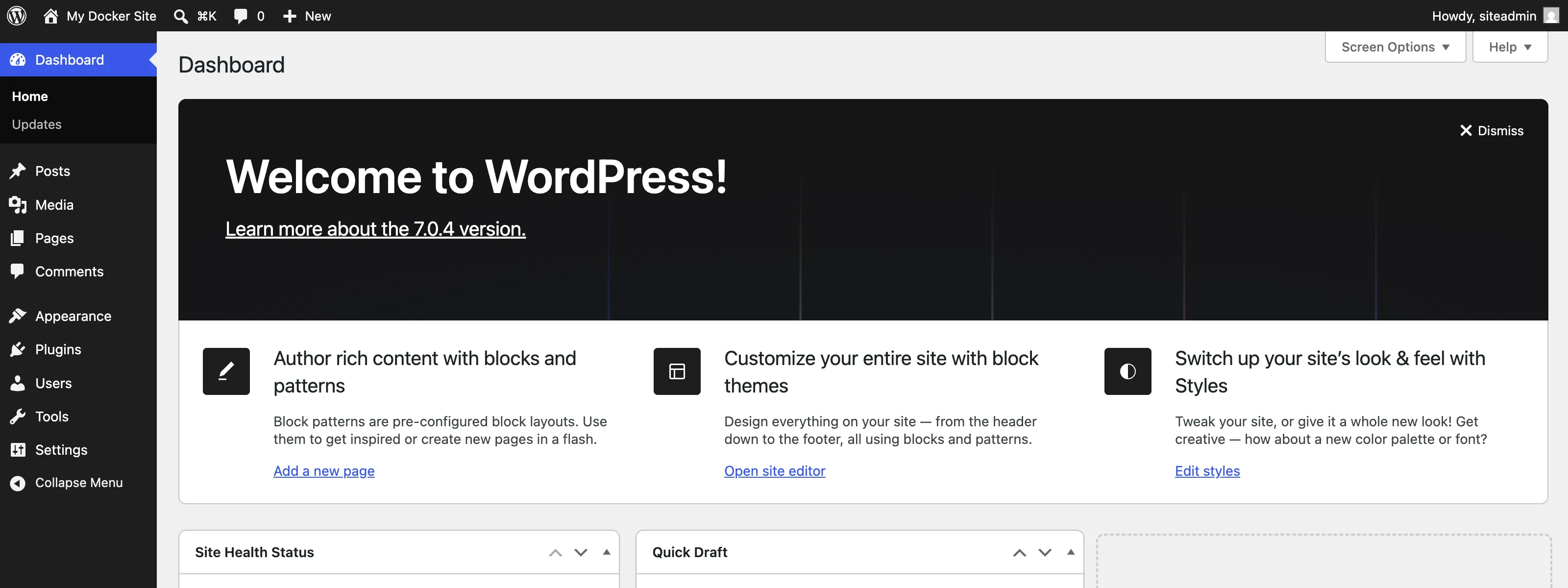 The WordPress admin dashboard showing the Welcome to WordPress panel and the left-hand menu