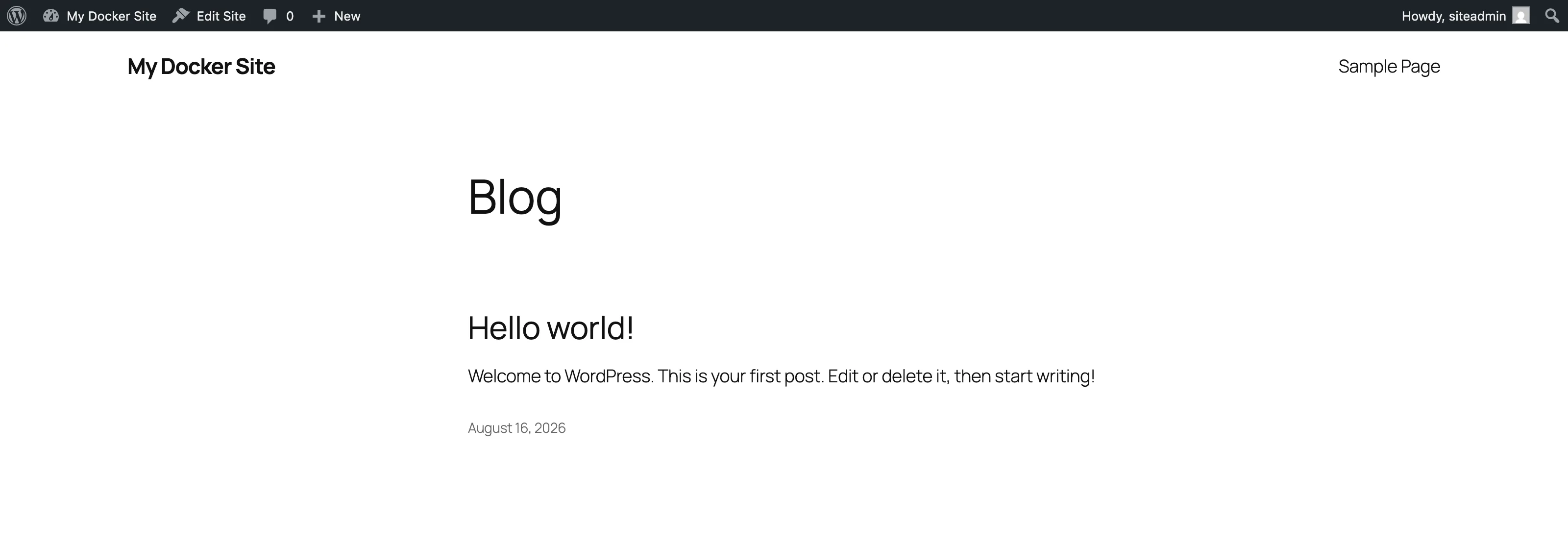The live WordPress site showing the site title, the default Hello world! post and the Twenty Twenty-Five theme