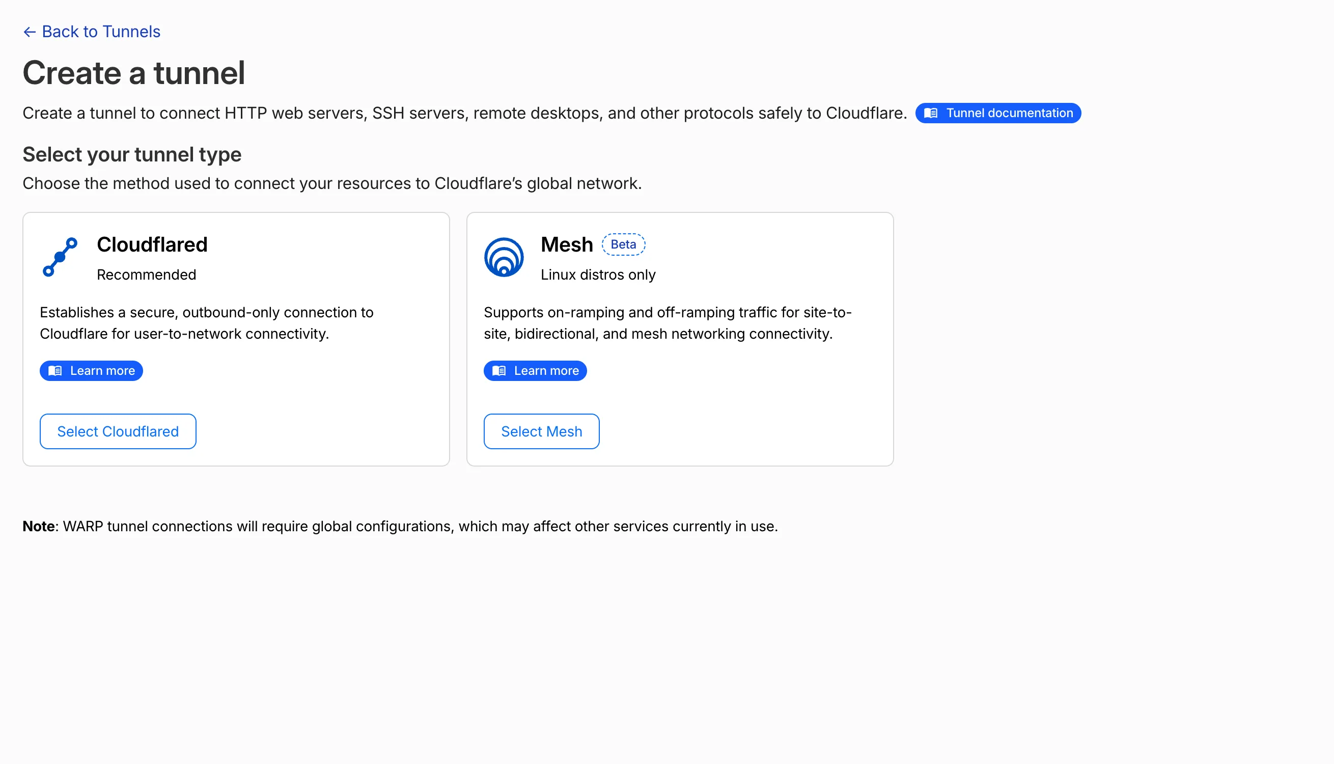 The Cloudflare tunnel type selection screen with the Cloudflared option and its Select Cloudflared button
