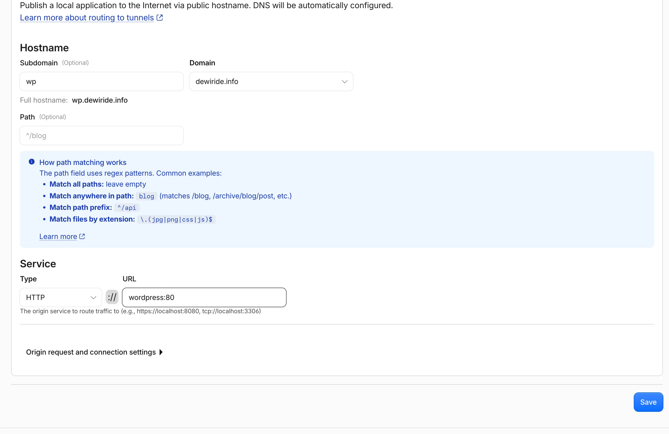 The Cloudflare published application route form with subdomain wp, domain example.com, service type HTTP and URL wordpress:80