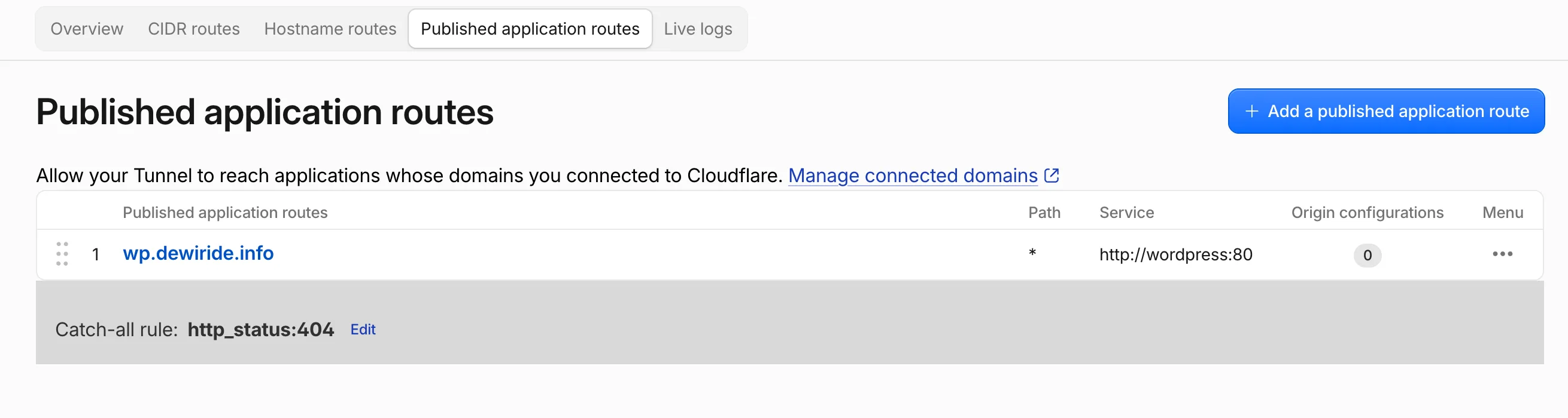The saved route showing wp.example.com mapped to http://wordpress:80 with a catch-all 404 rule