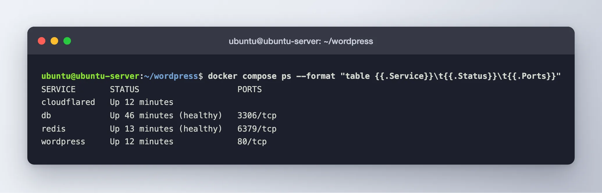 The docker compose ps output showing cloudflared, db, redis and wordpress running with no published ports