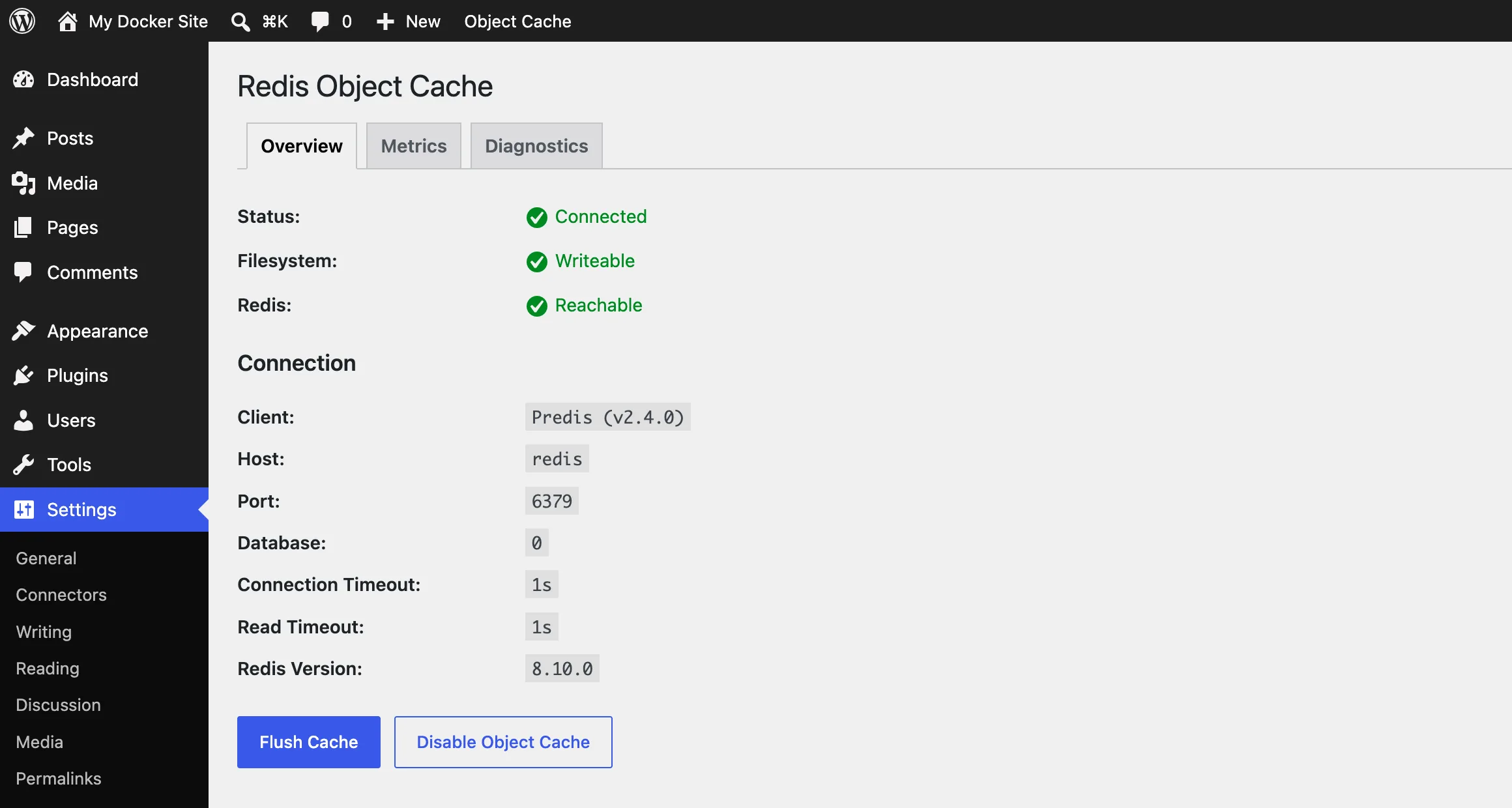 The Redis Object Cache settings page showing status connected, Redis reachable, host redis and port 6379
