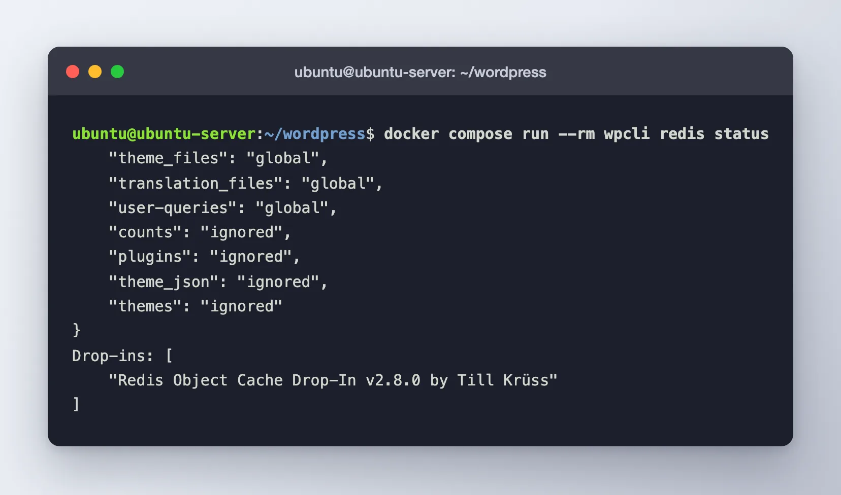 WP-CLI reporting status connected, client Predis, drop-in valid and ping PONG