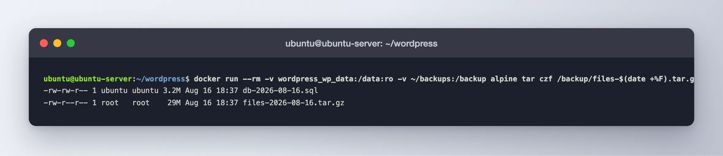 A directory listing showing the dated database dump and the compressed files archive