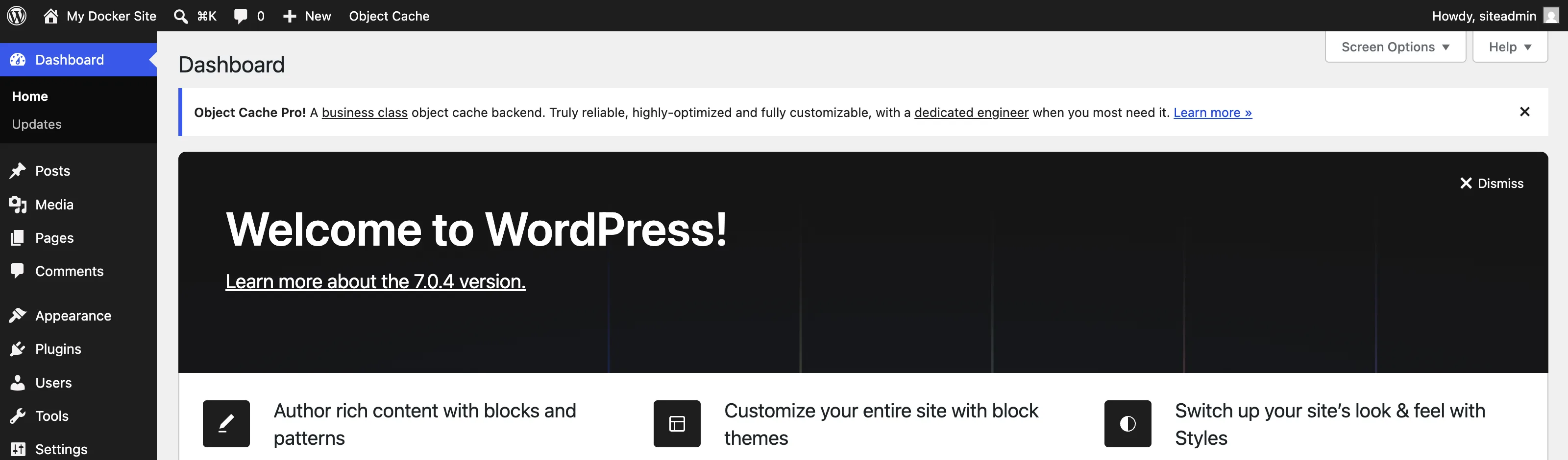 The WordPress dashboard loaded over HTTPS at the custom domain, showing the admin menu and welcome panel