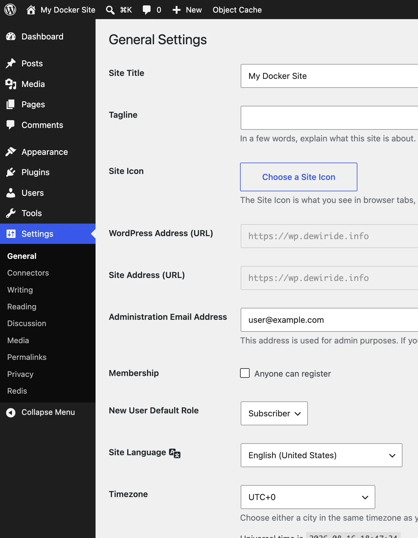 The WordPress General Settings page showing the WordPress Address and Site Address fields greyed out and set to the HTTPS domain