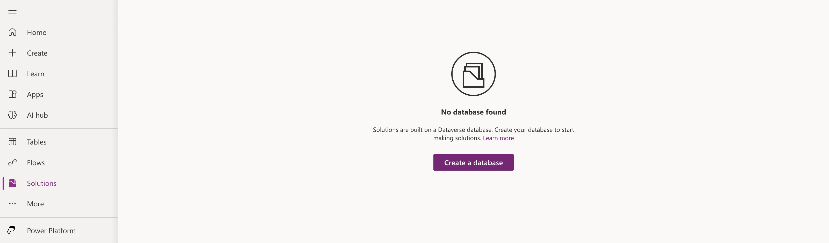 The Power Apps Solutions page showing No database found, with the text Solutions are built on a Dataverse database. Create your database to start making solutions, and a Create a database button