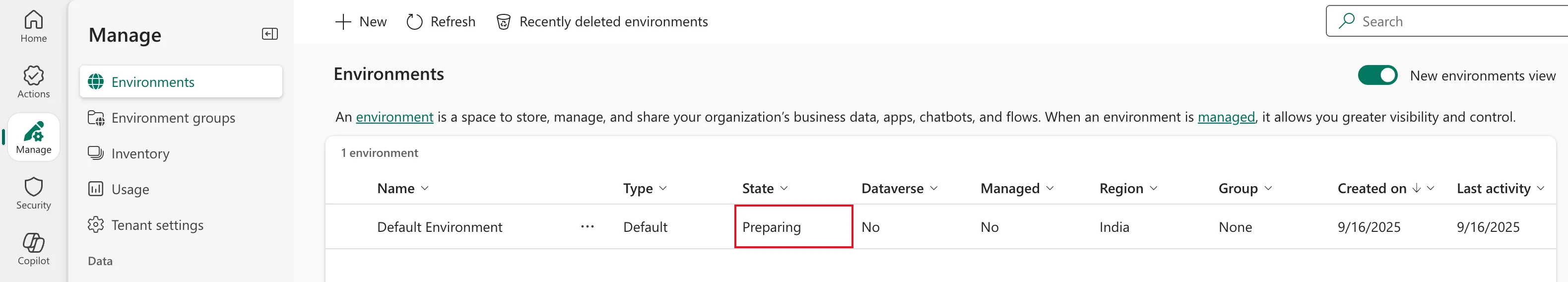 The Environments list with the Default Environment's State showing Preparing, outlined in red, while the Dataverse column still says No