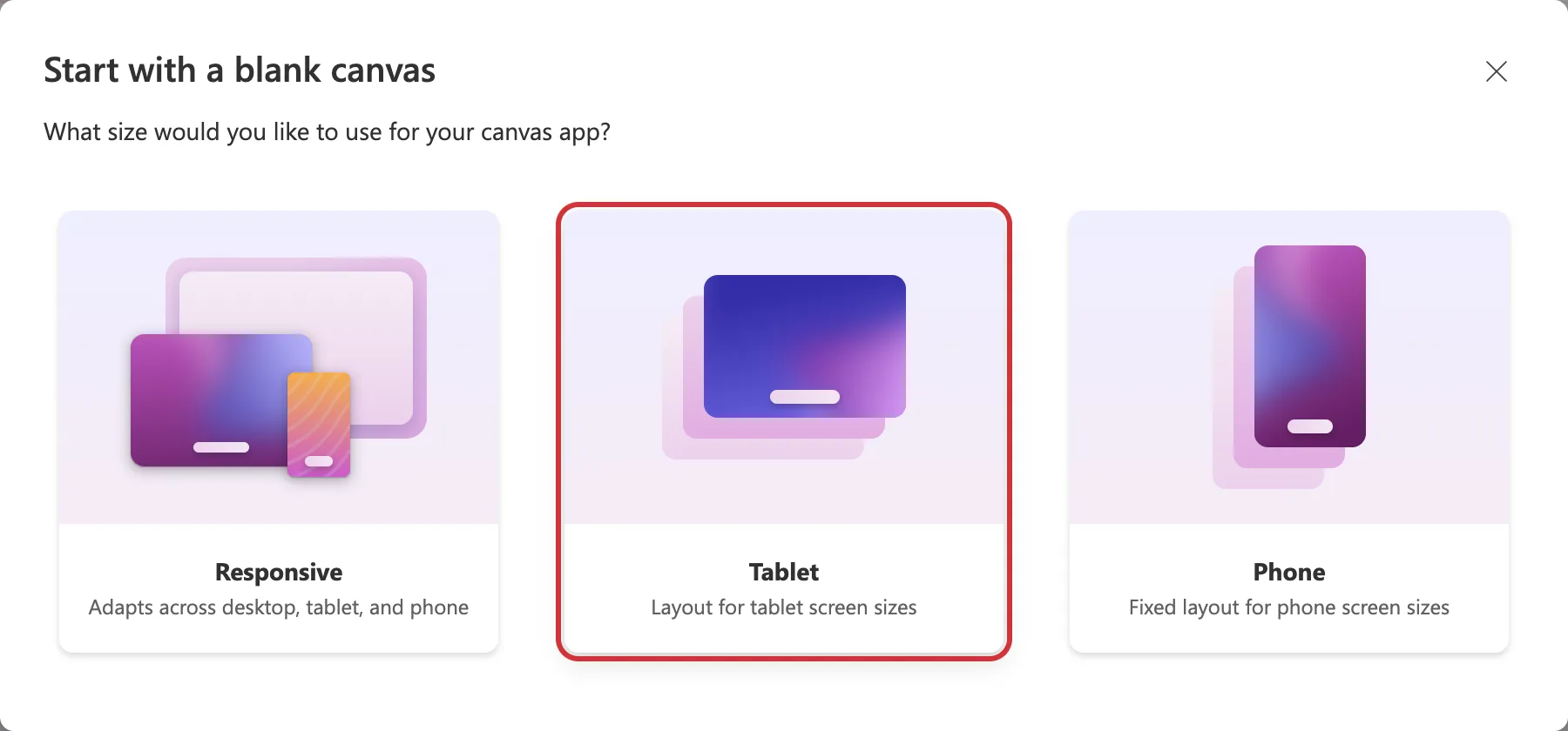 The Start with a blank canvas dialog asking what size to use for the canvas app, with the Tablet option outlined in red between Responsive and Phone