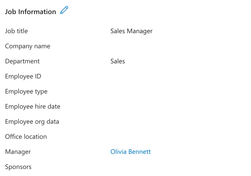 The Job Information section of Daniel Brooks's profile in the Microsoft Entra admin center, showing Job title Sales Manager, Department Sales and Manager Olivia Bennett
