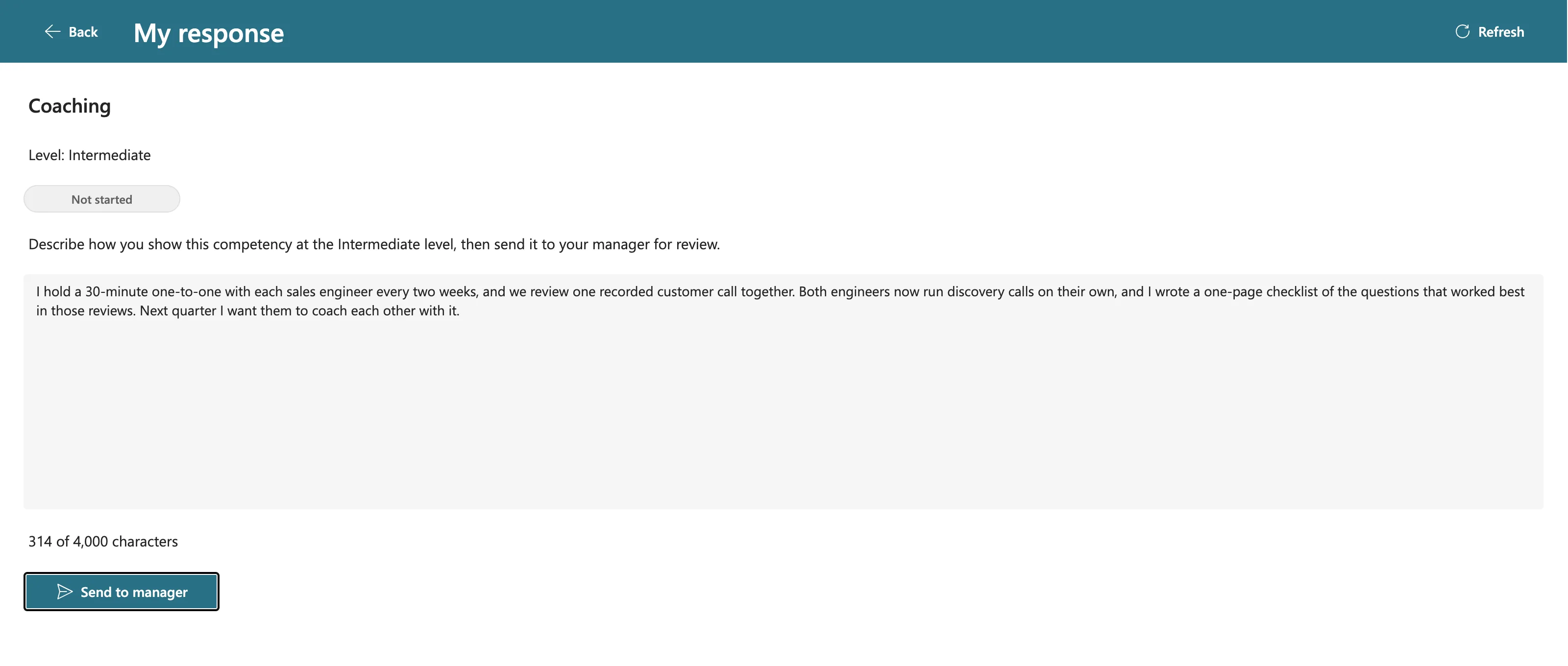 Daniel's response for Coaching at the Intermediate level: a 314-character paragraph about fortnightly one-to-ones and a call-review checklist, with the Send to manager button