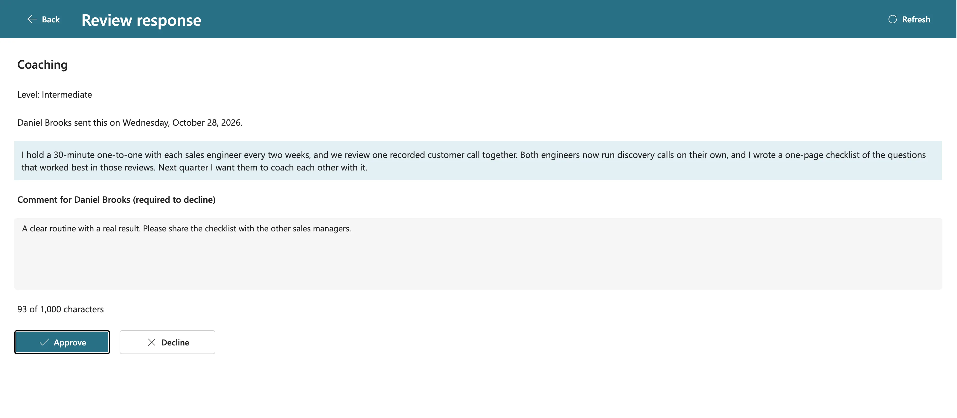The Review response screen showing Daniel's Coaching response, a comment from Olivia asking him to share the checklist with the other sales managers, and the Approve and Decline buttons