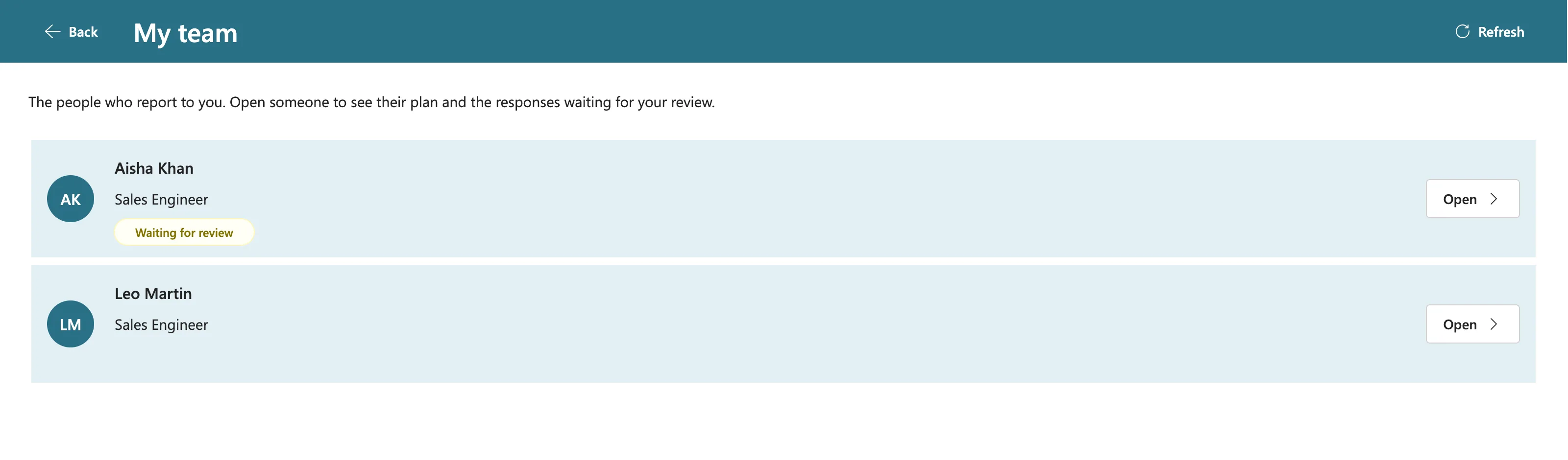 Daniel's My team screen with Aisha Khan, Sales Engineer, Waiting for review, and Leo Martin, Sales Engineer