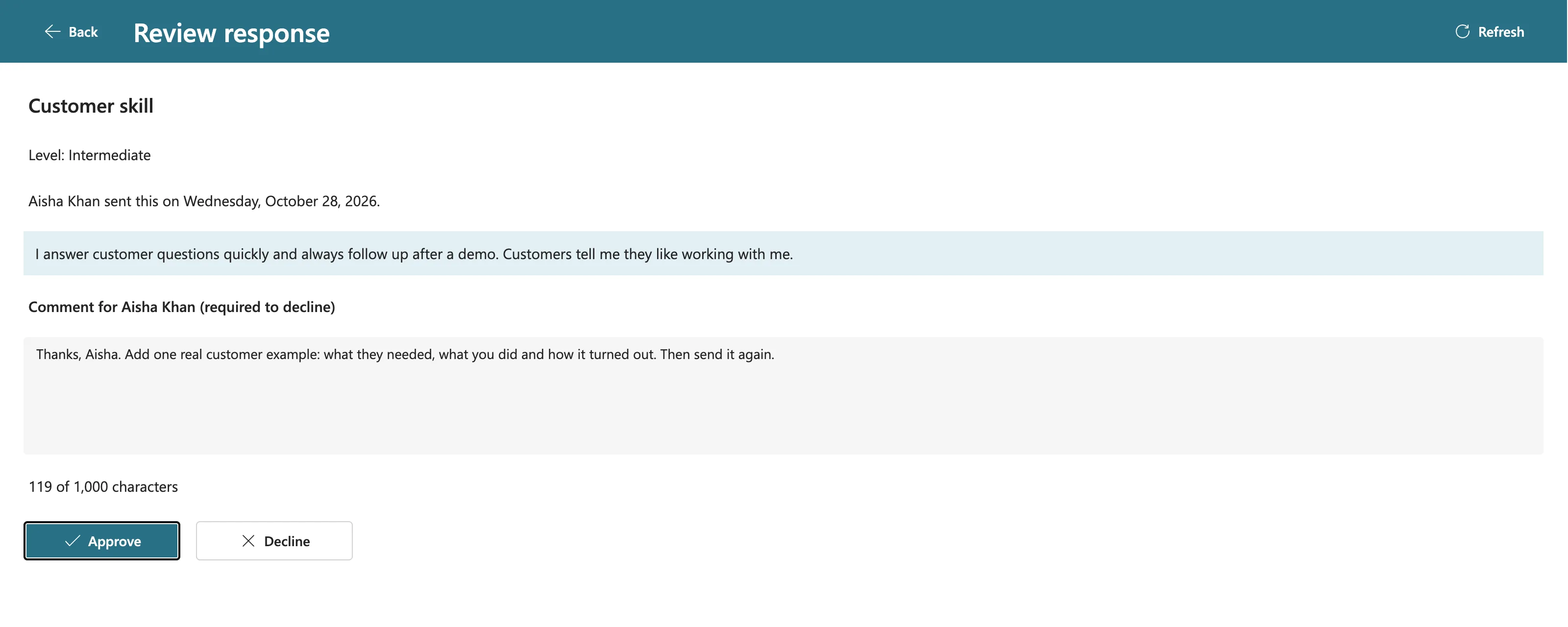 The Review response screen showing Aisha's short Customer skill response and Daniel's comment asking for one real customer example, with Approve and Decline