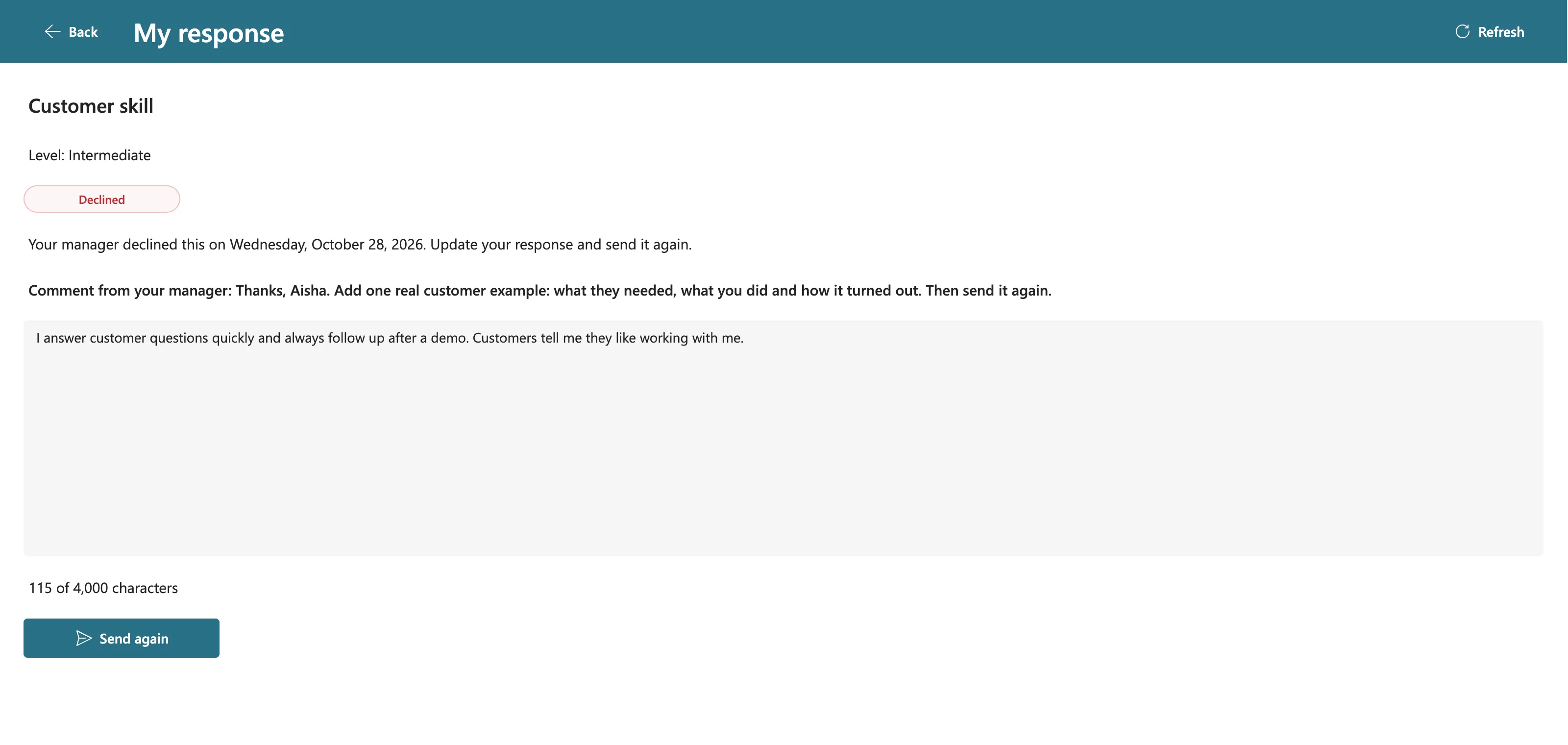 Aisha's response screen for Customer skill: Declined, Your manager declined this on Wednesday, October 28, 2026. Update your response and send it again., the comment from her manager, her original response, and the Send again button