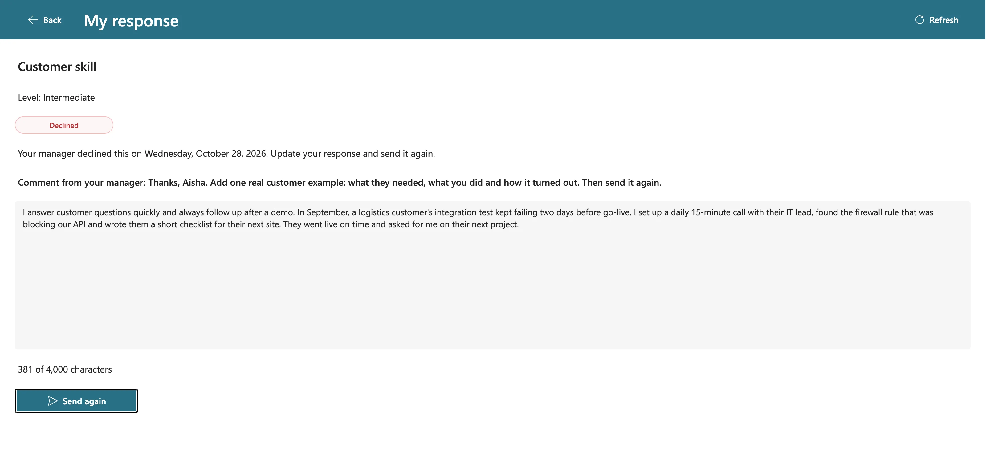 Aisha's updated response, 381 characters, describing a logistics customer's failing integration test, a daily call with their IT lead, a firewall rule and an on-time go-live, with the Send again button