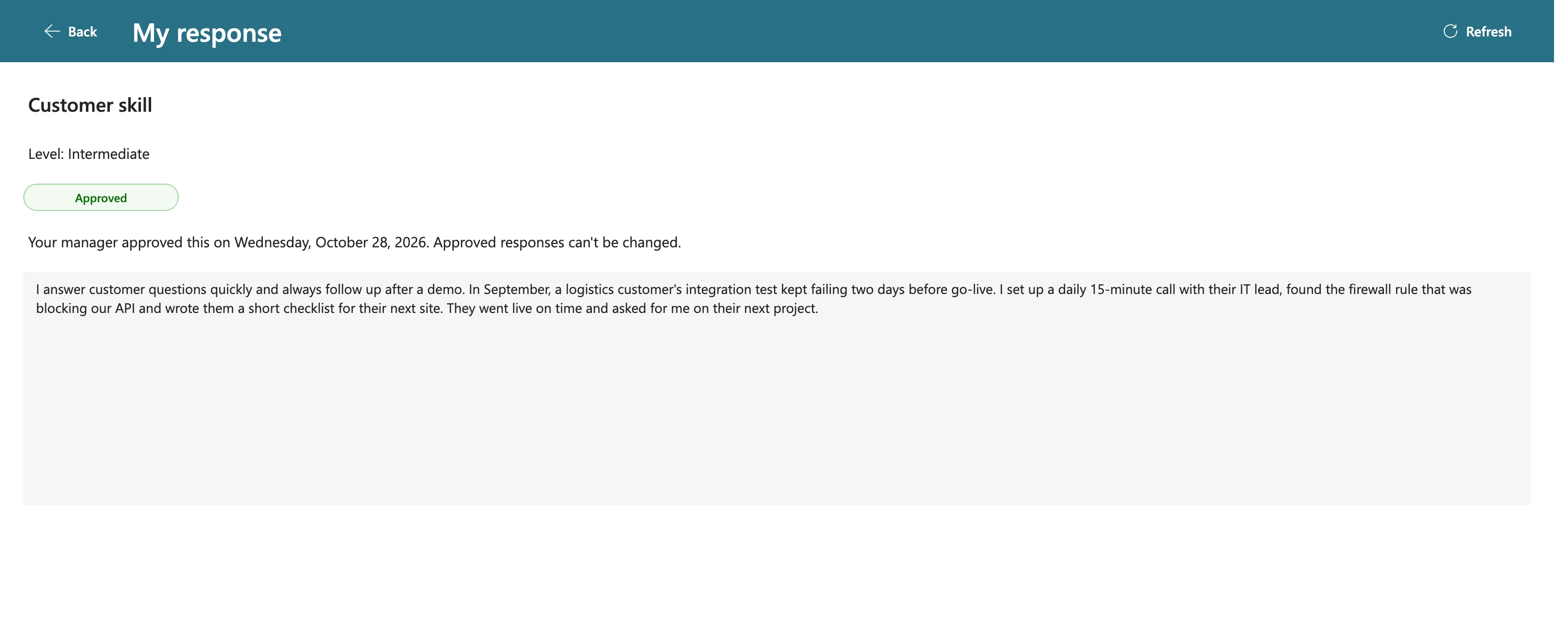 Aisha's response screen for Customer skill: Approved, Your manager approved this on Wednesday, October 28, 2026. Approved responses can't be changed., with her updated response