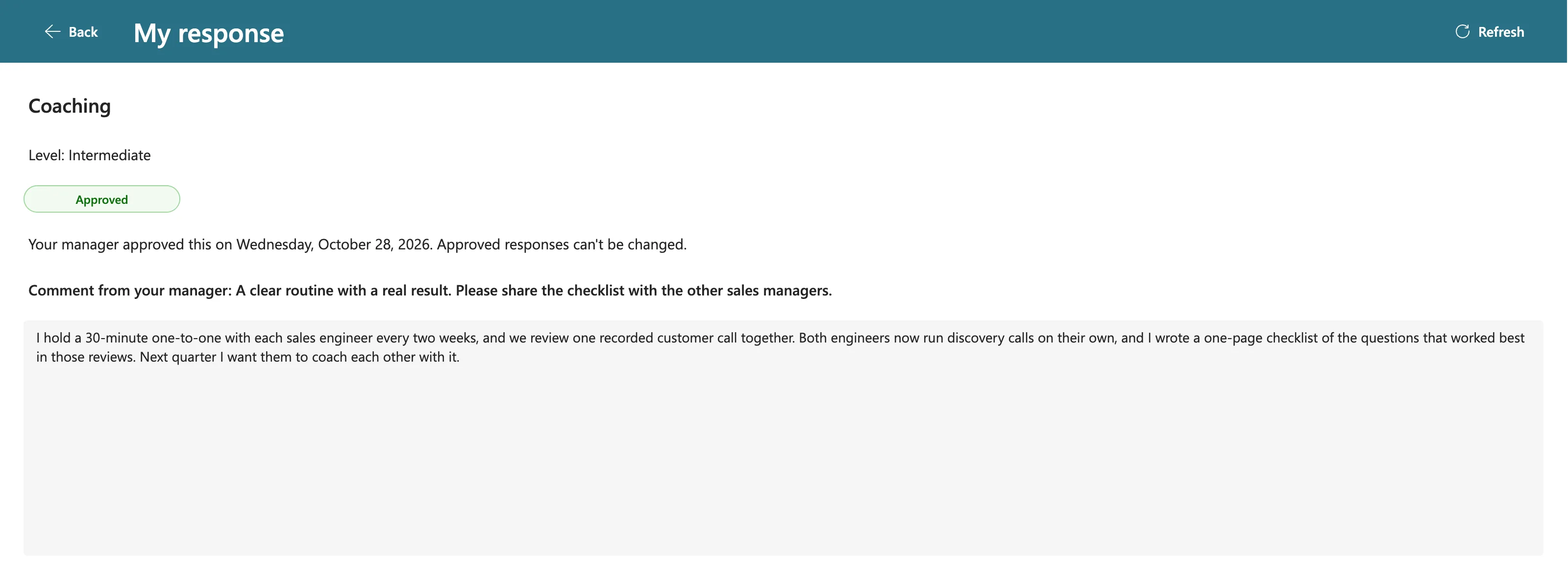 Daniel's response screen for Coaching: Approved, Your manager approved this on Wednesday, October 28, 2026. Approved responses can't be changed., the comment from his manager, and his response