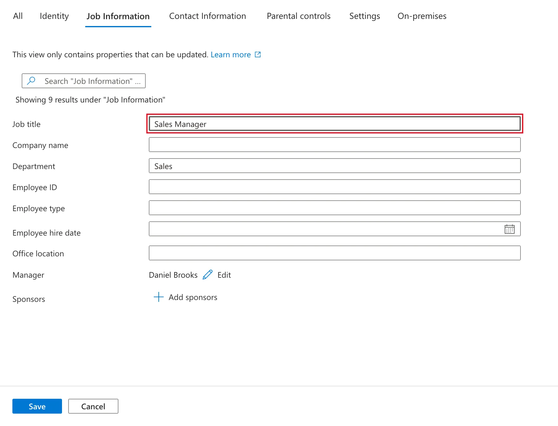 The Job Information tab of Aisha Khan's properties in the Microsoft Entra admin center, with Job title Sales Manager outlined in red, Department Sales, Manager Daniel Brooks, and the Save button