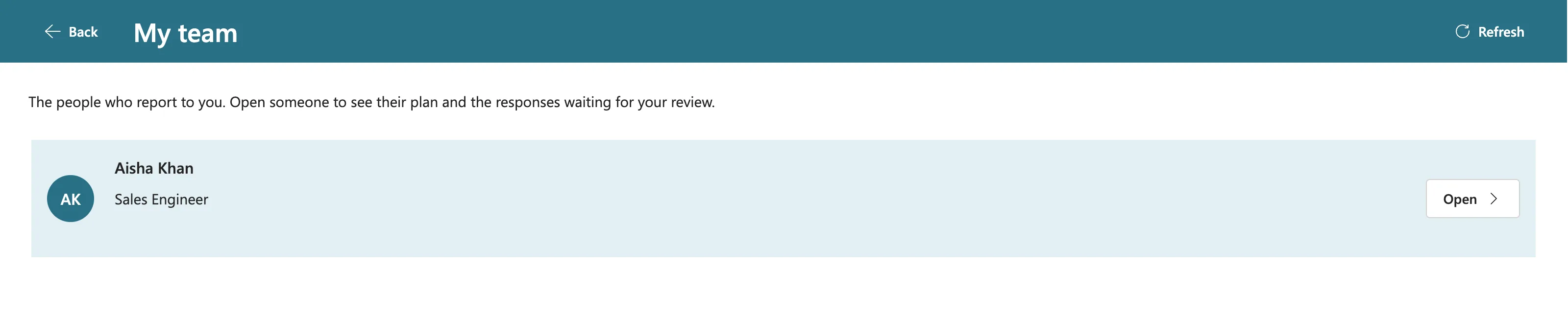 Daniel's My team screen after reopening the app, listing only Aisha Khan, Sales Engineer