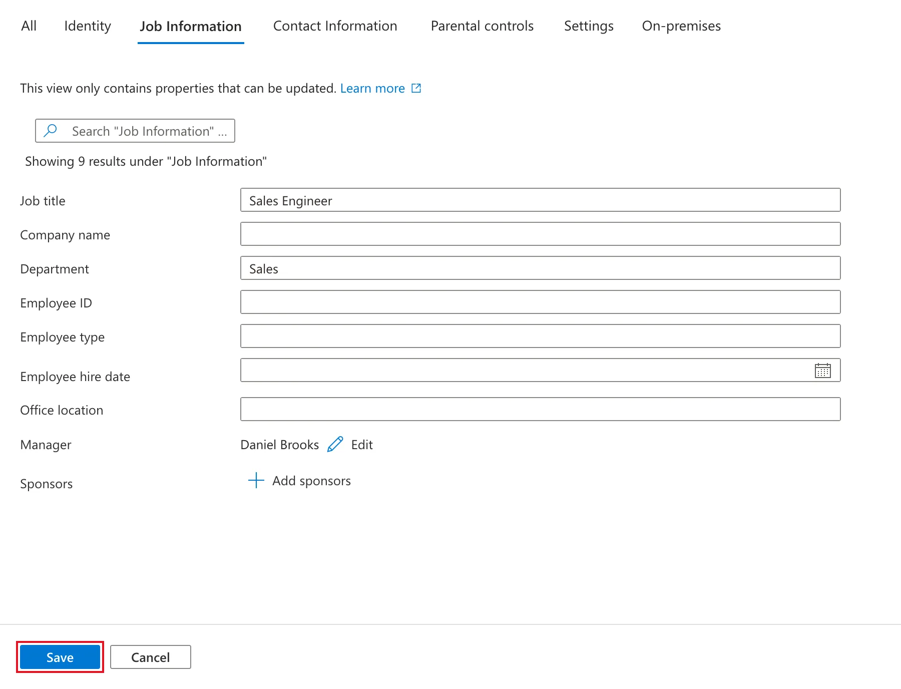 The Job Information tab of Maya Patel's properties with Job title Sales Engineer, Department Sales, Manager Daniel Brooks and the Save button outlined in red