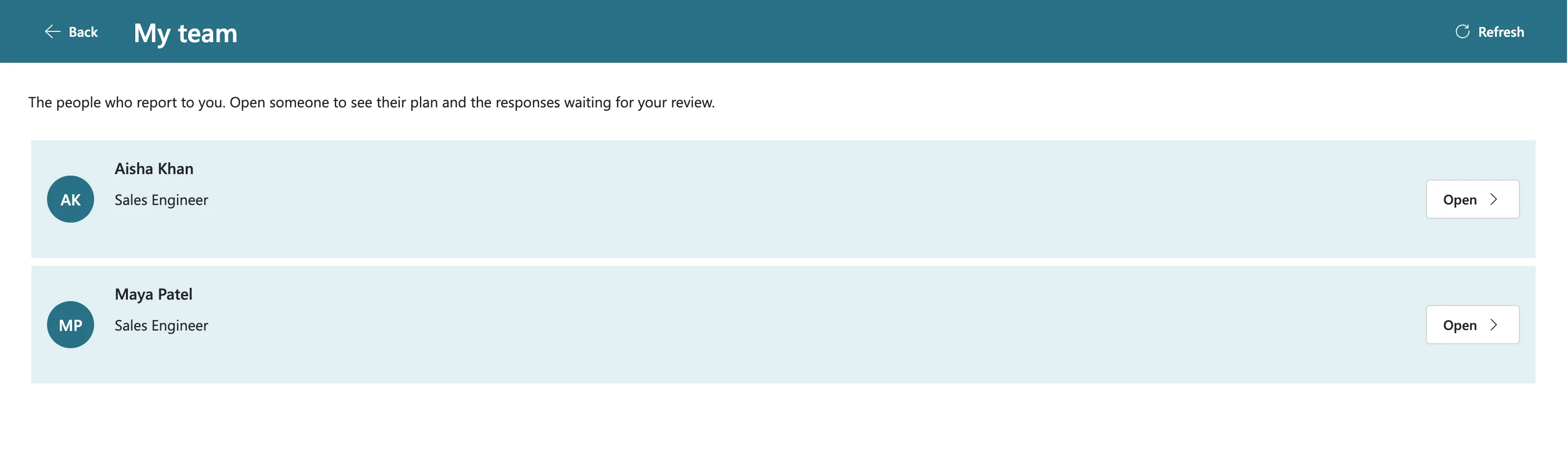 Daniel's My team screen after reopening the app, listing Aisha Khan and Maya Patel, both Sales Engineers