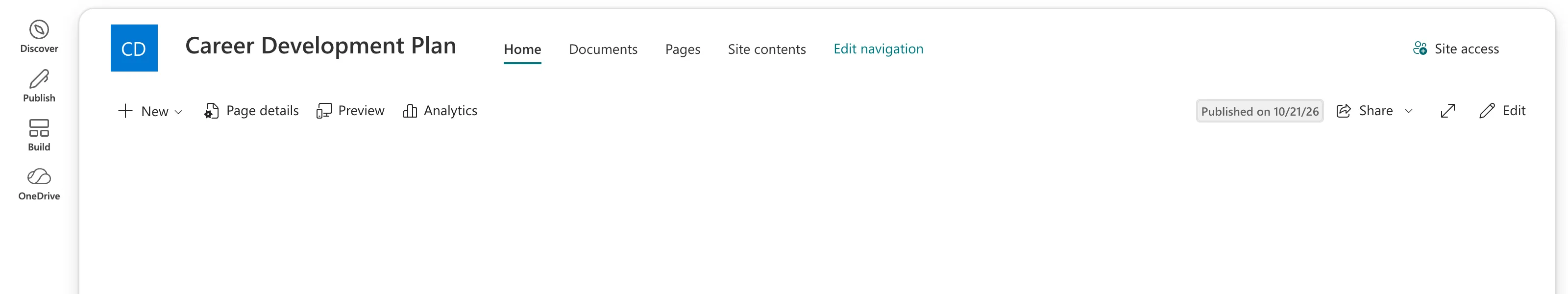 The Career Development Plan communication site's header with Home, Documents, Pages, Site contents and Edit navigation, Site access at the top right, and an empty home page