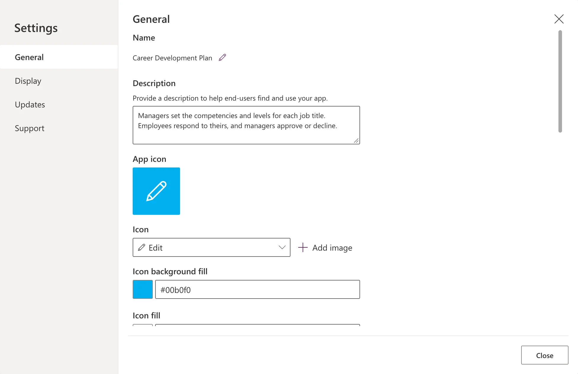 The Settings dialog on General with Name Career Development Plan, the description typed in, and the default app icon