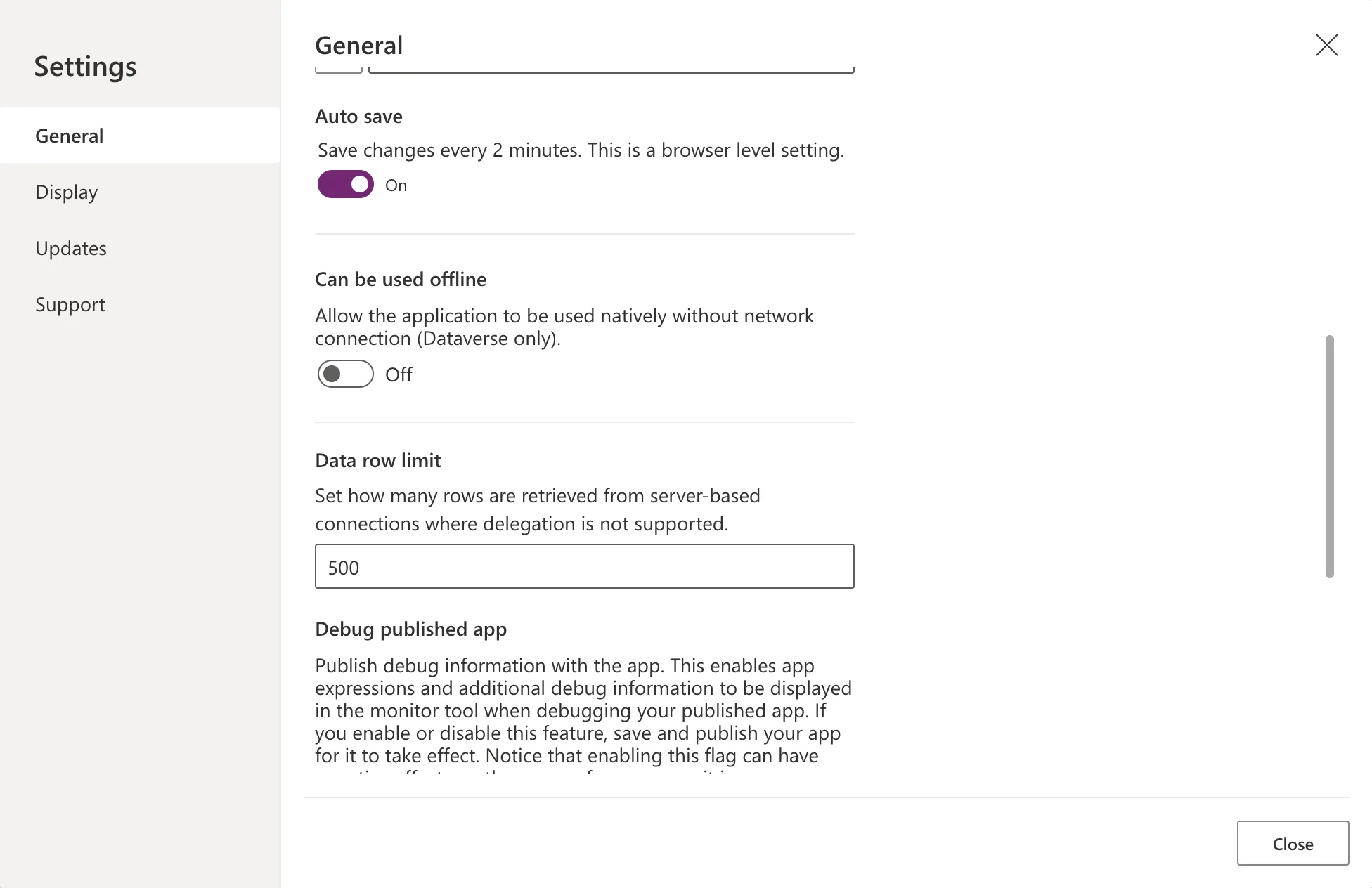 The General tab scrolled down to Auto save On, Can be used offline Off, and Data row limit 500