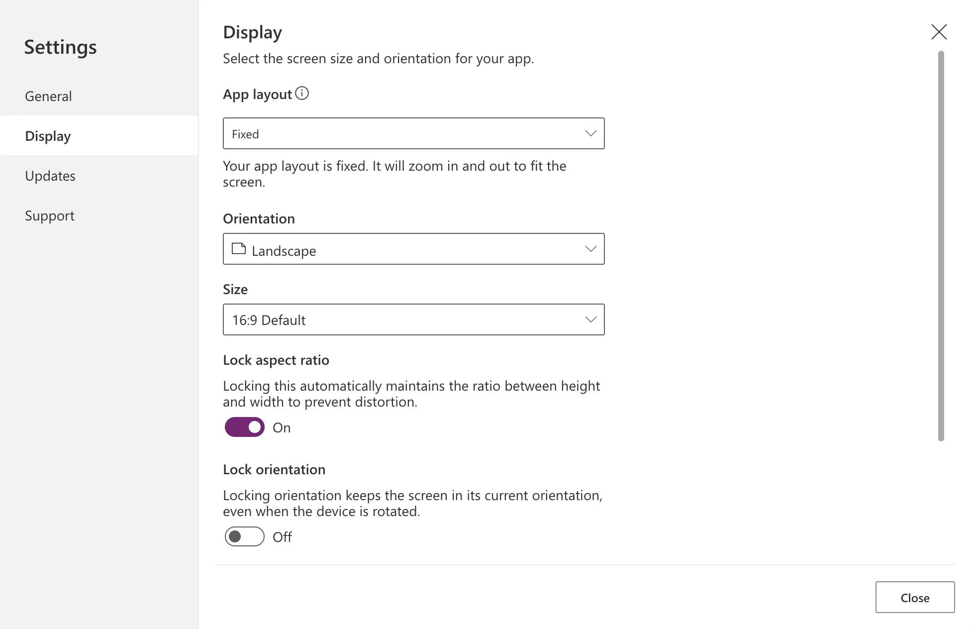 The Display tab with App layout Fixed and the text Your app layout is fixed. It will zoom in and out to fit the screen, Orientation Landscape, Size 16:9 Default, and Lock aspect ratio On
