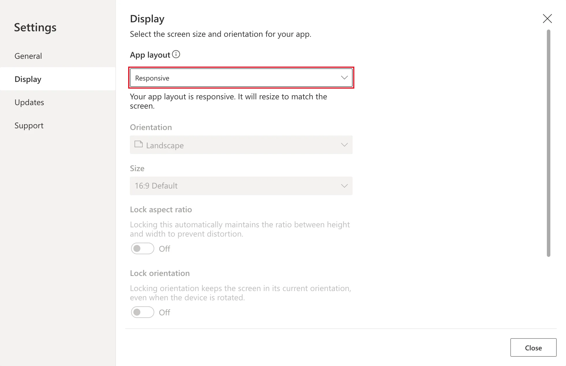 The Display tab with App layout Responsive outlined in red, the text Your app layout is responsive. It will resize to match the screen, and Orientation, Size, Lock aspect ratio and Lock orientation greyed out and off