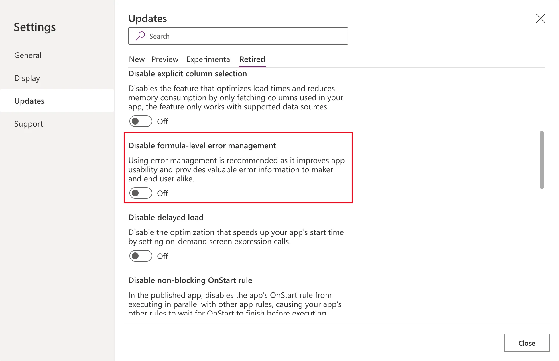 The Updates tab on Retired with Disable formula-level error management Off, outlined in red, between Disable explicit column selection and Disable delayed load