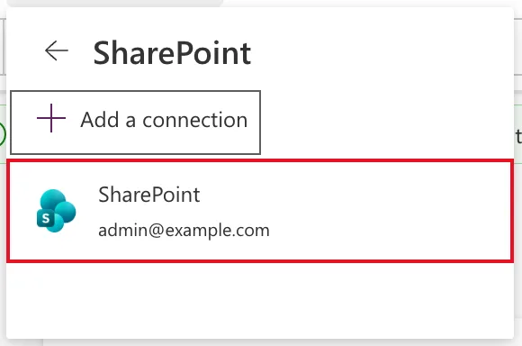 The Add data list for SharePoint offering Add a connection, and the existing SharePoint connection, outlined in red