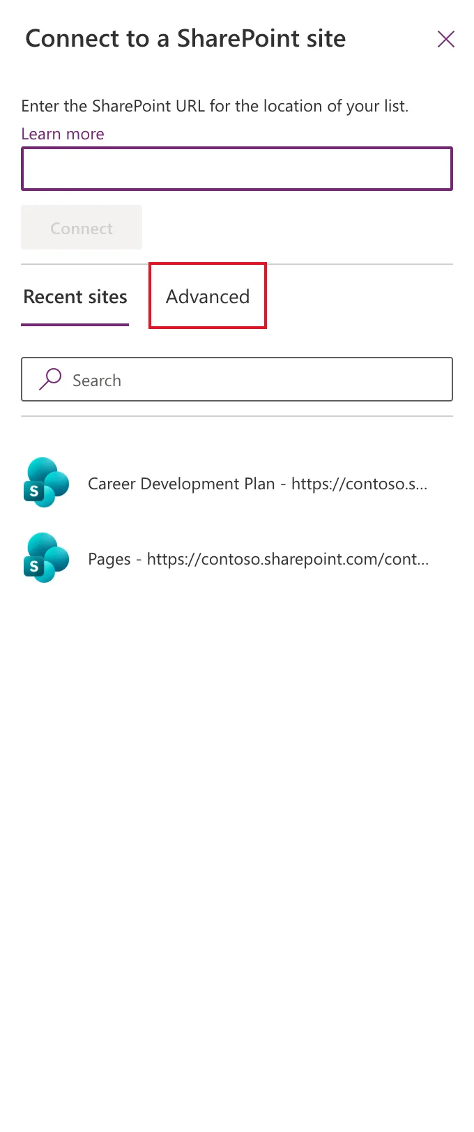 The Connect to a SharePoint site pane on Recent sites, listing the Career Development Plan site, with the Advanced tab outlined in red