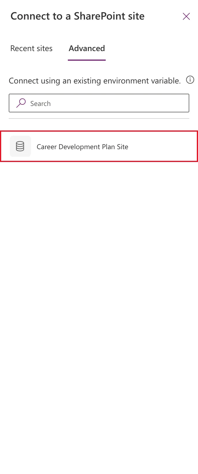 The Advanced tab of Connect to a SharePoint site saying Connect using an existing environment variable, with Career Development Plan Site outlined in red