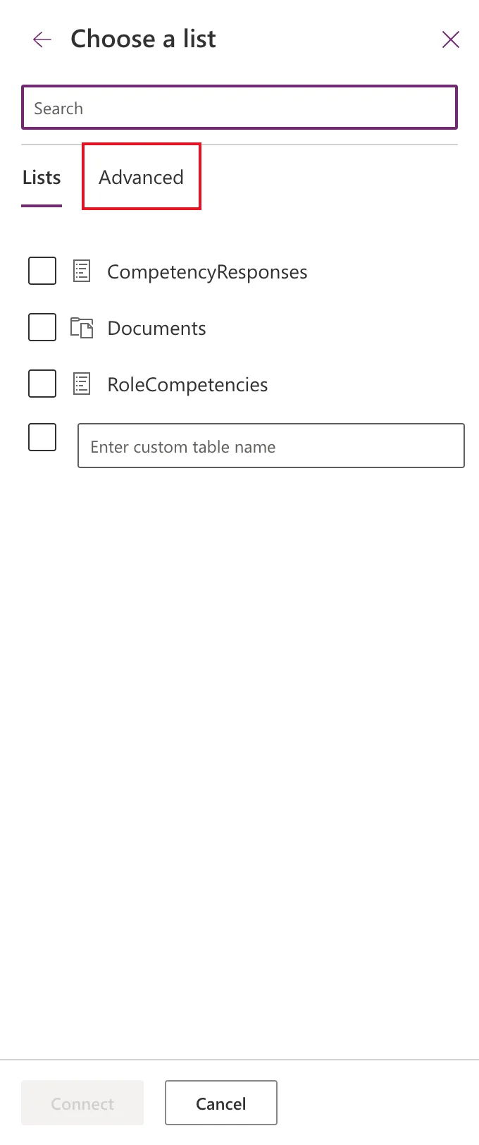 The Choose a list pane on its Lists tab, showing CompetencyResponses, Documents and RoleCompetencies, with the Advanced tab outlined in red