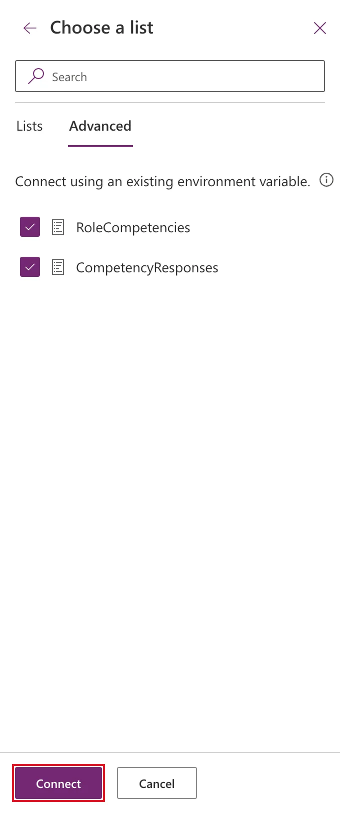 The Advanced tab of Choose a list with the RoleCompetencies and CompetencyResponses variables ticked, and Connect outlined in red