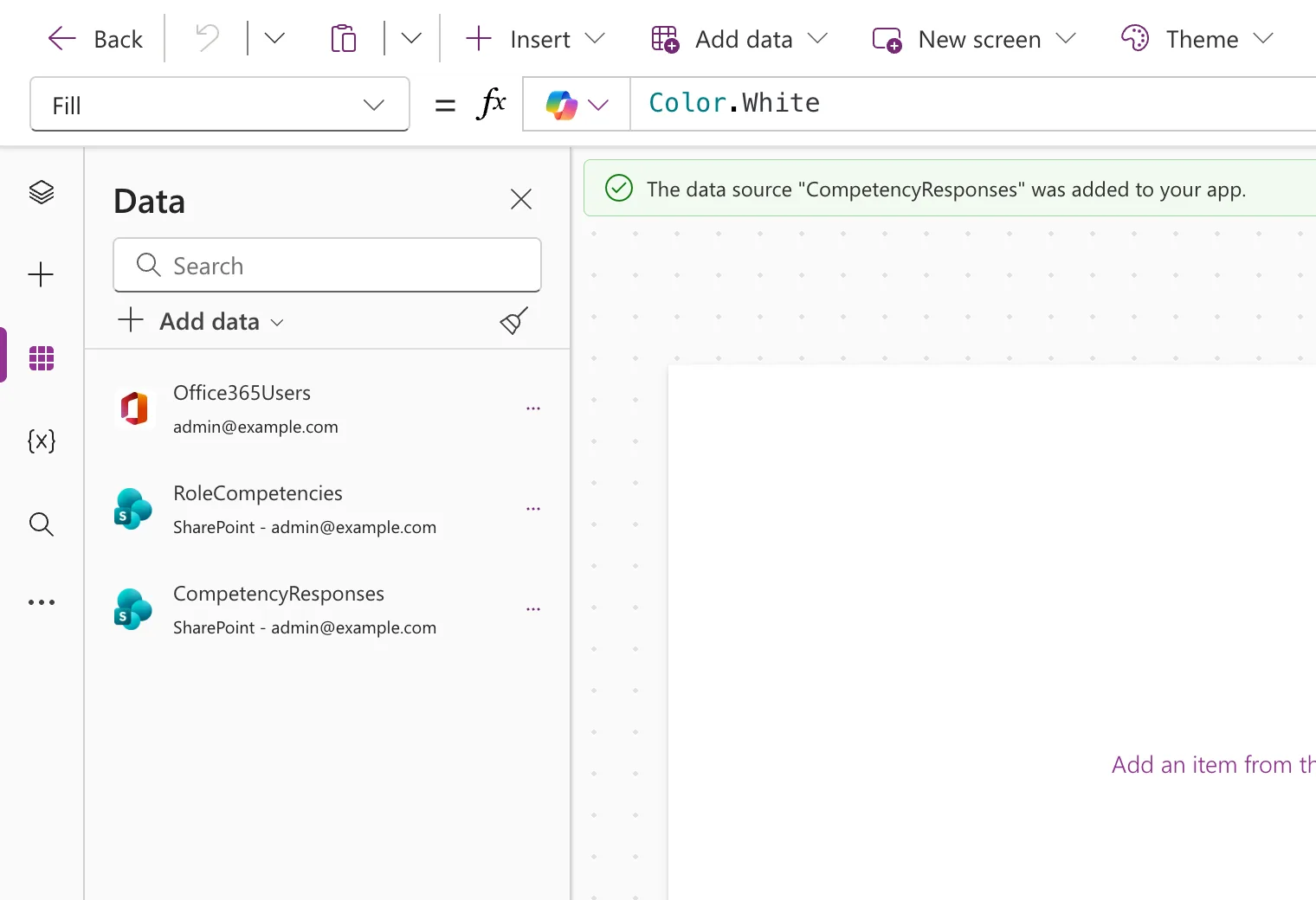 The Data pane listing Office365Users, RoleCompetencies and CompetencyResponses, each with its connection, and a notification that the data source CompetencyResponses was added to the app