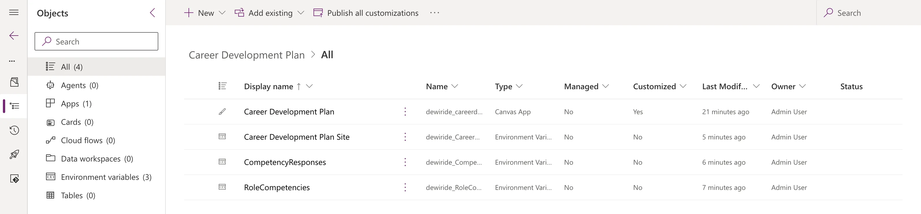 The Career Development Plan solution with All (4): the Career Development Plan canvas app and the Career Development Plan Site, CompetencyResponses and RoleCompetencies environment variables, with Apps (1) and Environment variables (3) in the Objects pane