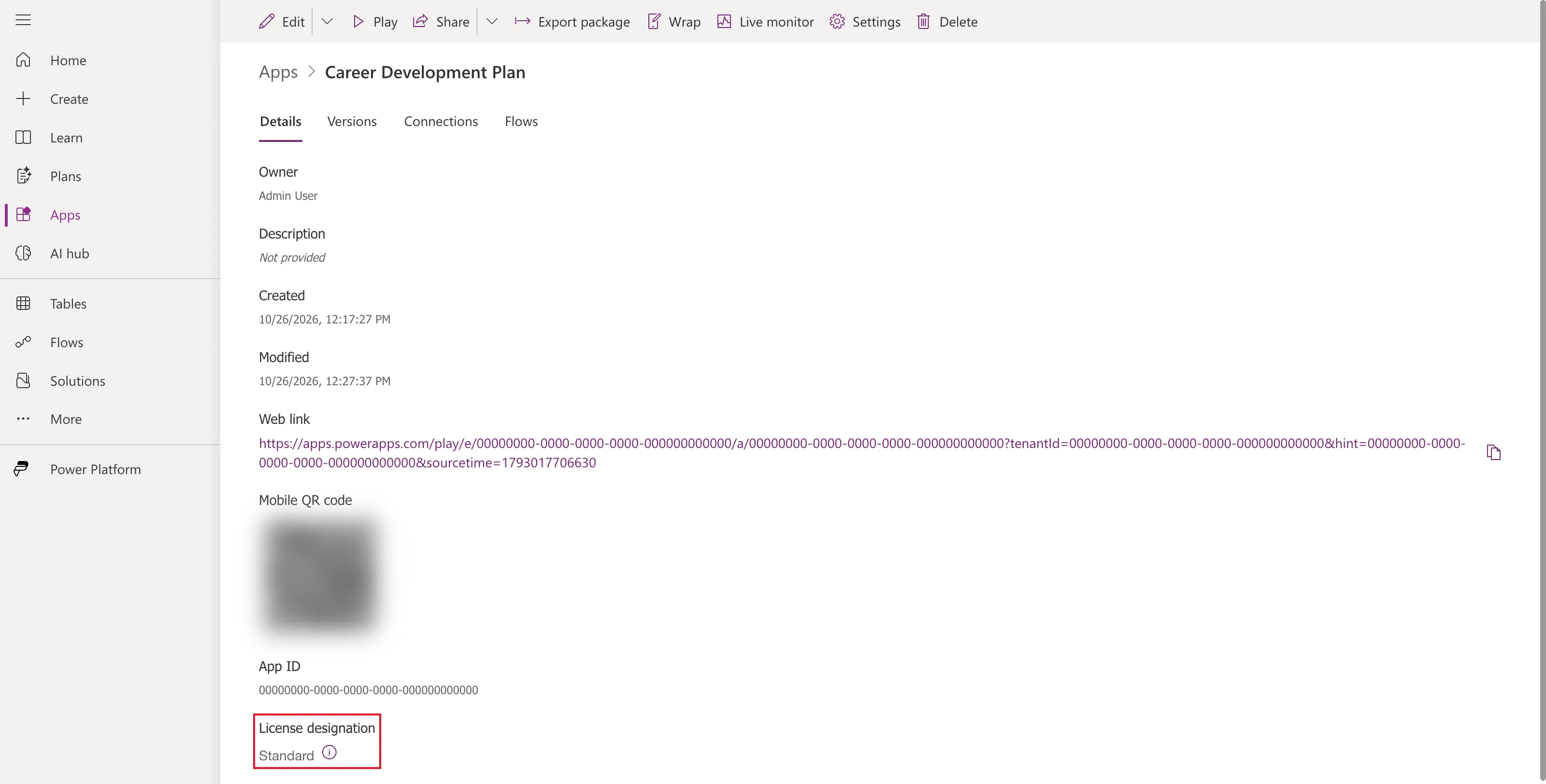 The app's Details page in Power Apps showing the owner, created and modified dates, the web link, a blurred QR code, the App ID, and License designation Standard, outlined in red