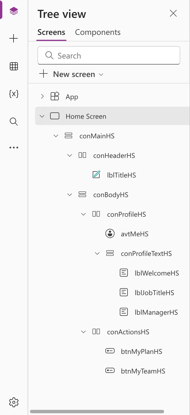 The tree view of the Home Screen: conMainHS containing conHeaderHS with lblTitleHS, and conBodyHS with conProfileHS (avtMeHS and conProfileTextHS with lblWelcomeHS, lblJobTitleHS and lblManagerHS) and conActionsHS with btnMyPlanHS and btnMyTeamHS