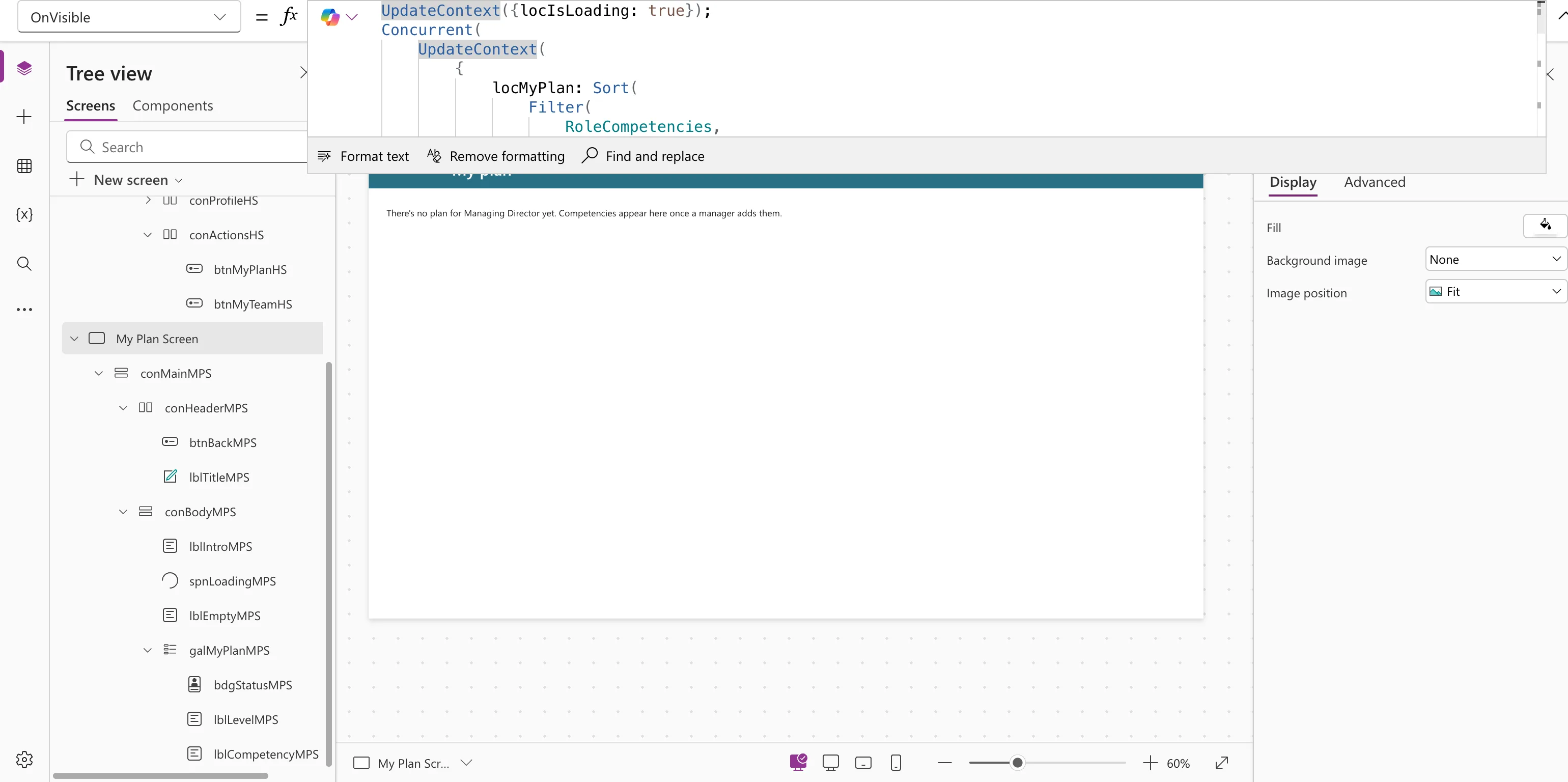 The expanded formula bar with the OnVisible property of My Plan Screen, starting with UpdateContext locIsLoading true and Concurrent with UpdateContext for locMyPlan
