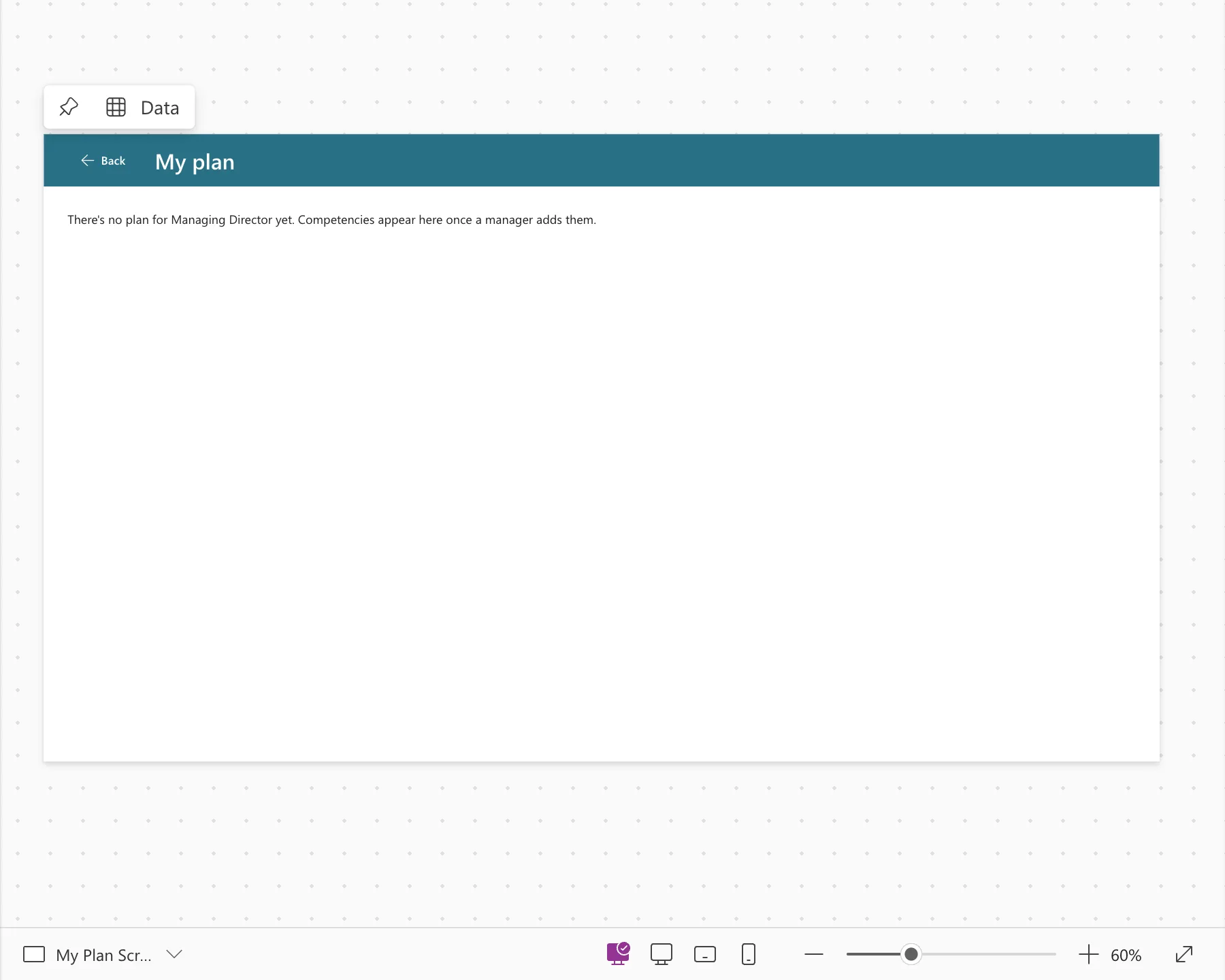 The finished My Plan screen on the Studio canvas: the teal header with Back and My plan, and the message There's no plan for Managing Director yet. Competencies appear here once a manager adds them