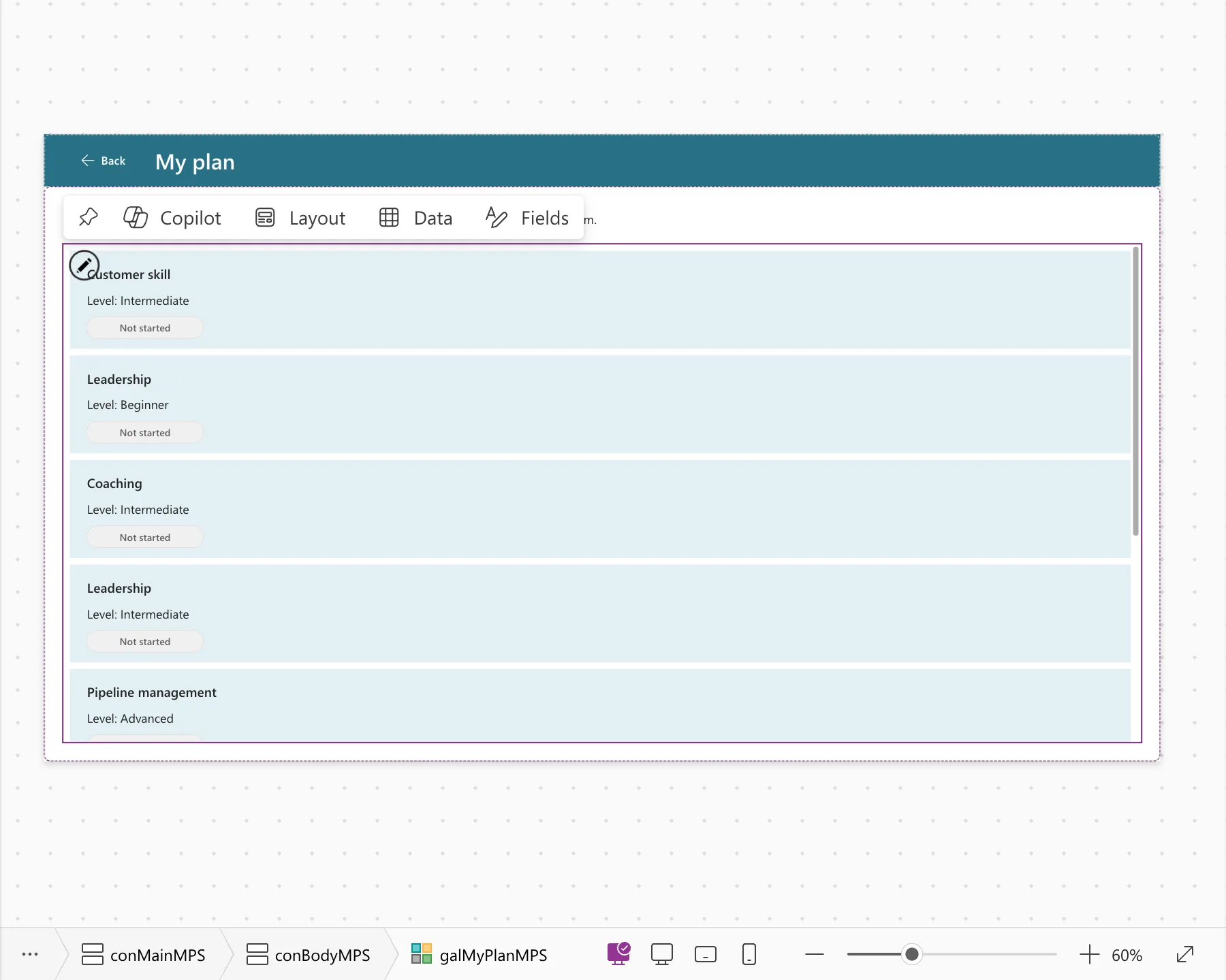 The My Plan screen on the Studio canvas: a teal header with a Back button and the title My plan, and a list of light-blue rows such as Customer skill, Level: Intermediate and Leadership, Level: Beginner, each with a grey Not started badge