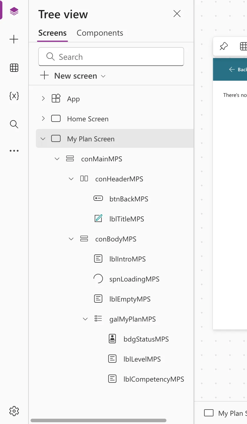 The tree view of My Plan Screen: conMainMPS with conHeaderMPS (btnBackMPS and lblTitleMPS) and conBodyMPS (lblIntroMPS, spnLoadingMPS, lblEmptyMPS and galMyPlanMPS with bdgStatusMPS, lblLevelMPS and lblCompetencyMPS)