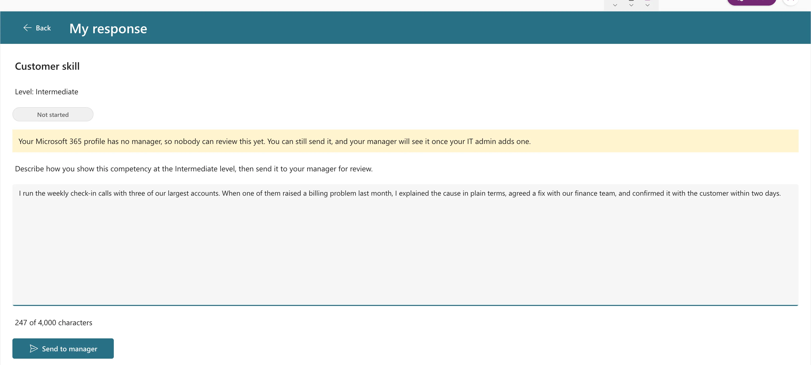 The same screen with a paragraph about weekly check-in calls with large accounts, 247 of 4,000 characters, and the Send to manager button enabled