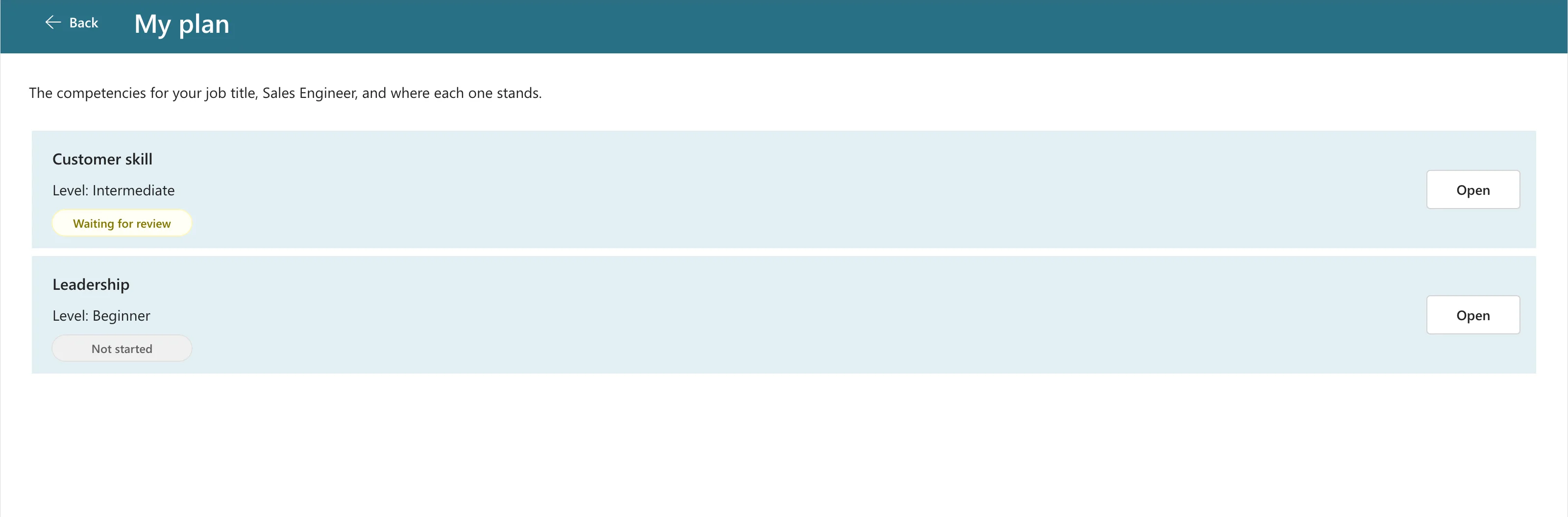 The My plan screen after sending, with the Customer skill row showing a yellow Waiting for review badge and Leadership still Not started