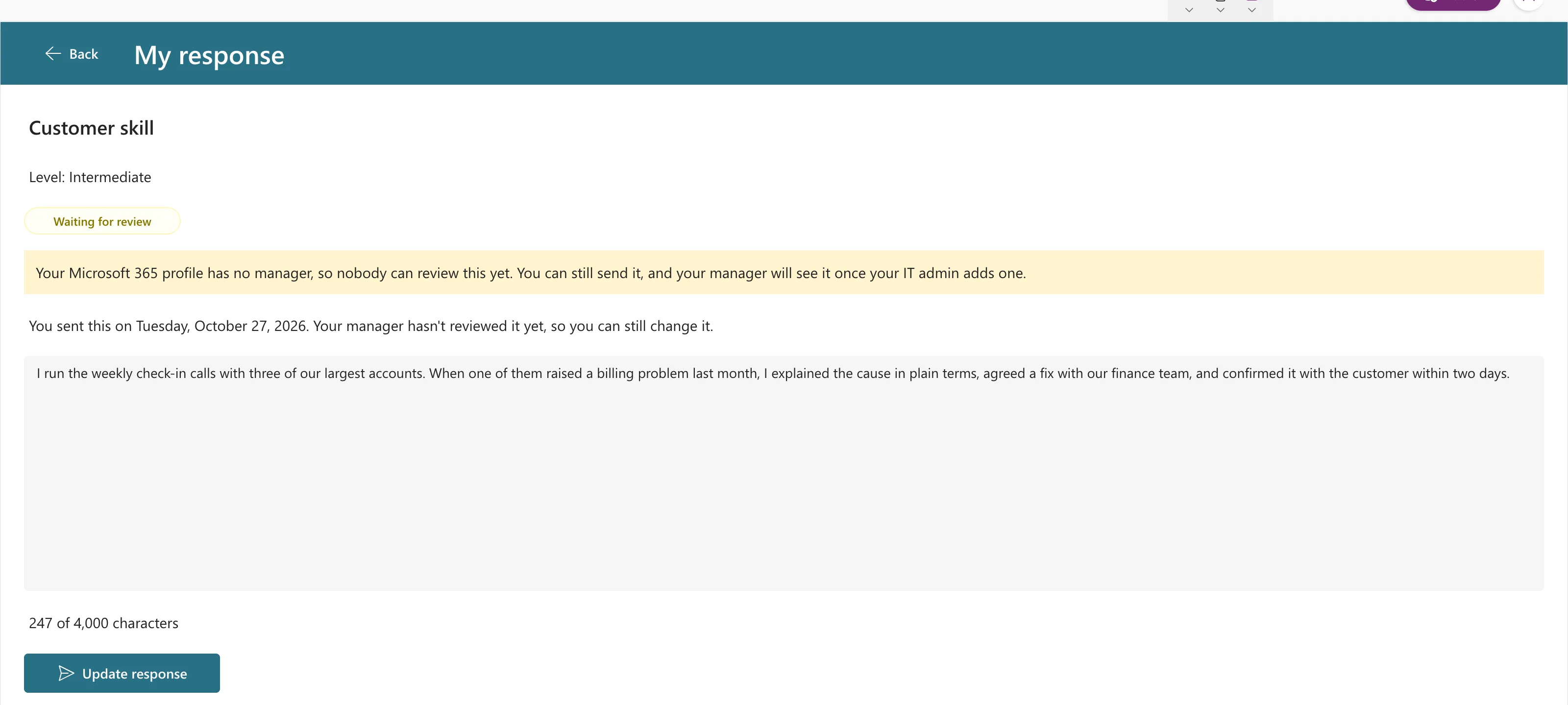 The My response screen with a Waiting for review badge, You sent this on Tuesday, October 27, 2026. Your manager hasn't reviewed it yet, so you can still change it., the saved response in the box, 247 of 4,000 characters and an Update response button