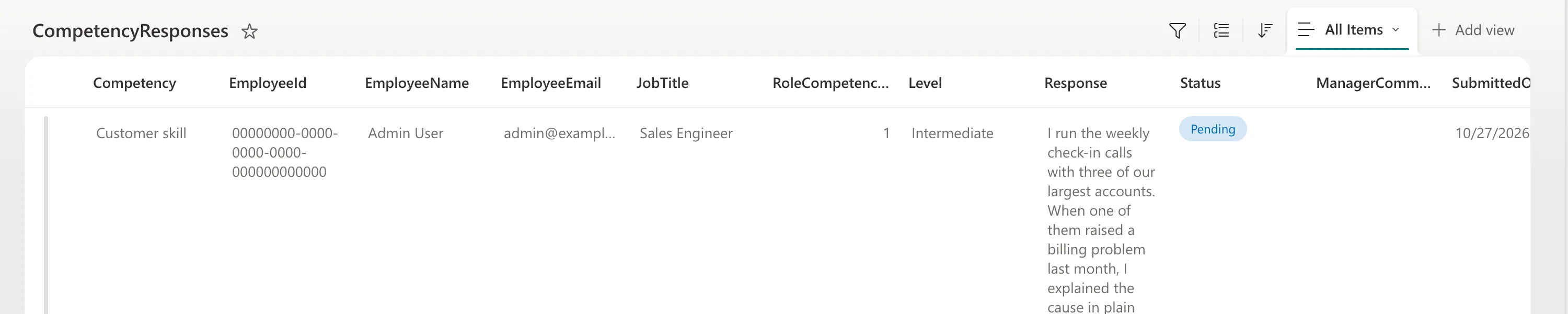 The CompetencyResponses list with one item: Customer skill, a masked EmployeeId, Admin User, admin@example.com, Sales Engineer, 1, Intermediate, the response text, a Pending status and SubmittedOn 10/27/2026